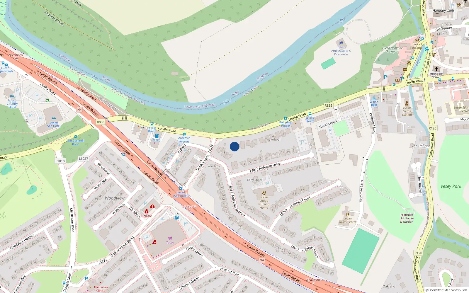 Overhead map showing the location of 10 Leixlip Road, Lucan