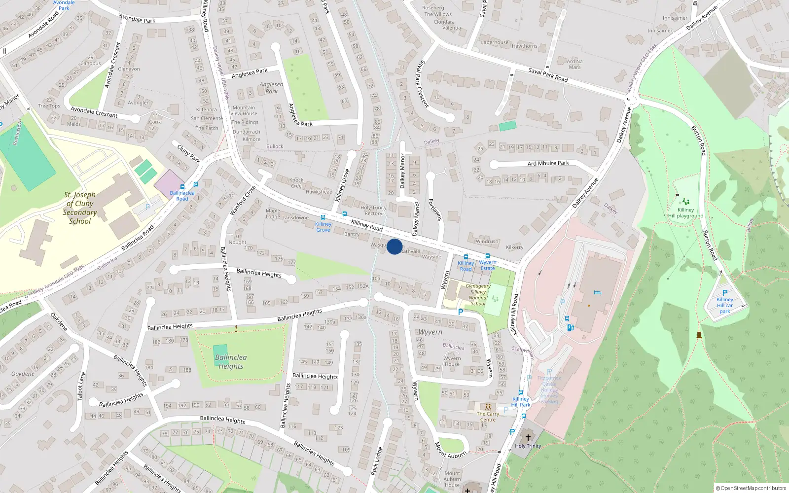 Overhead map showing the location of Killiney Road, Dalkey