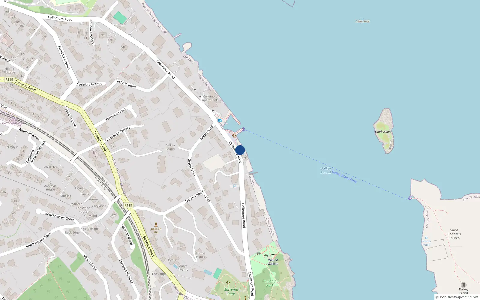 Overhead map showing the location of 28 Coliemore Road, Dalkey