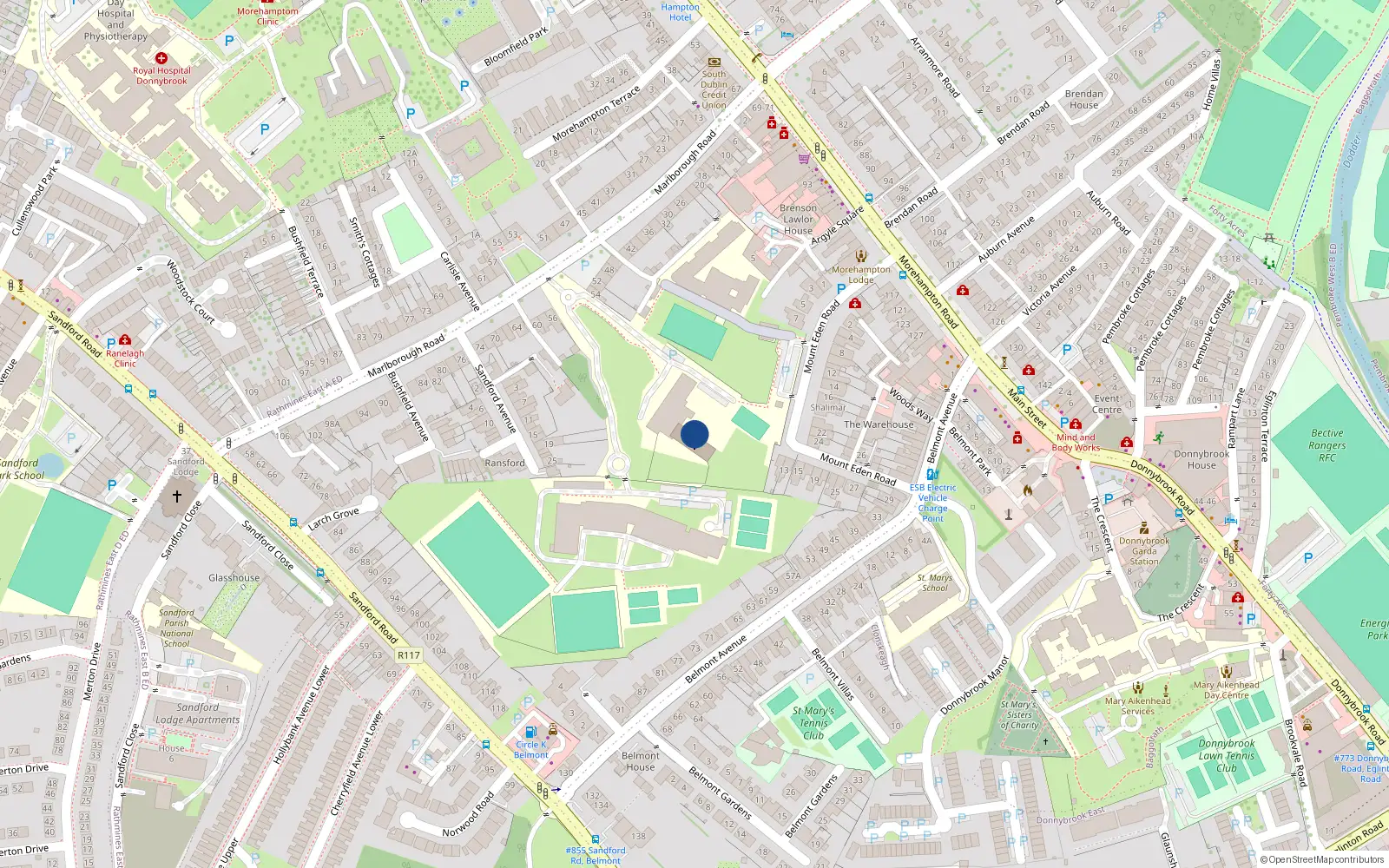 Overhead map showing the location of Dominican Convent, Muckross Park, Donnybrook