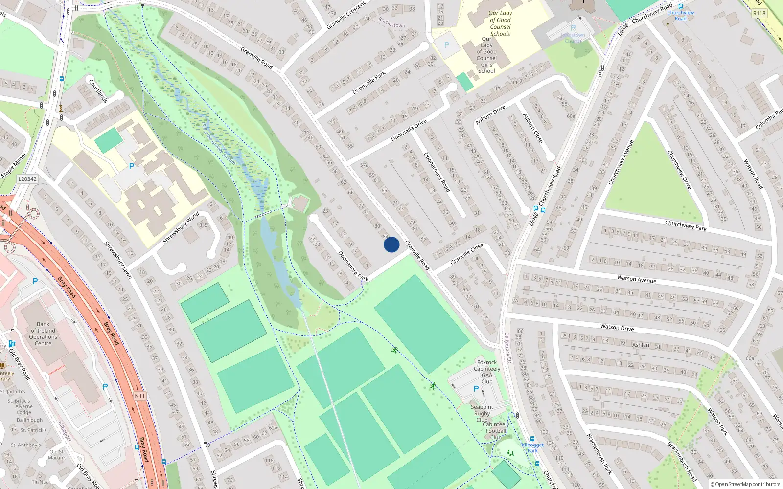 Overhead map showing the location of 88 Granville Road, Dun Laoghaire