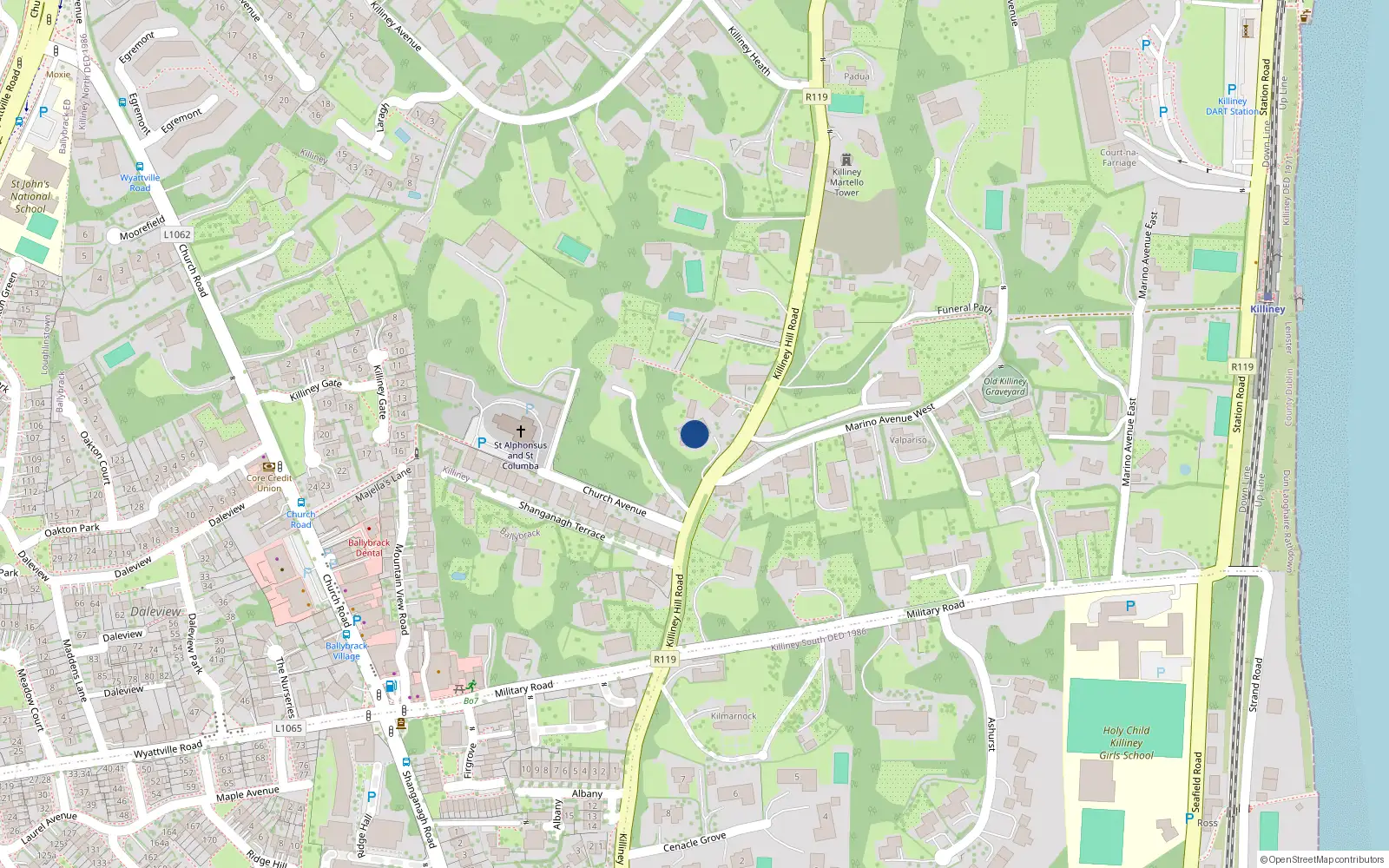 Overhead map showing the location of Killiney Hill Road, Killiney