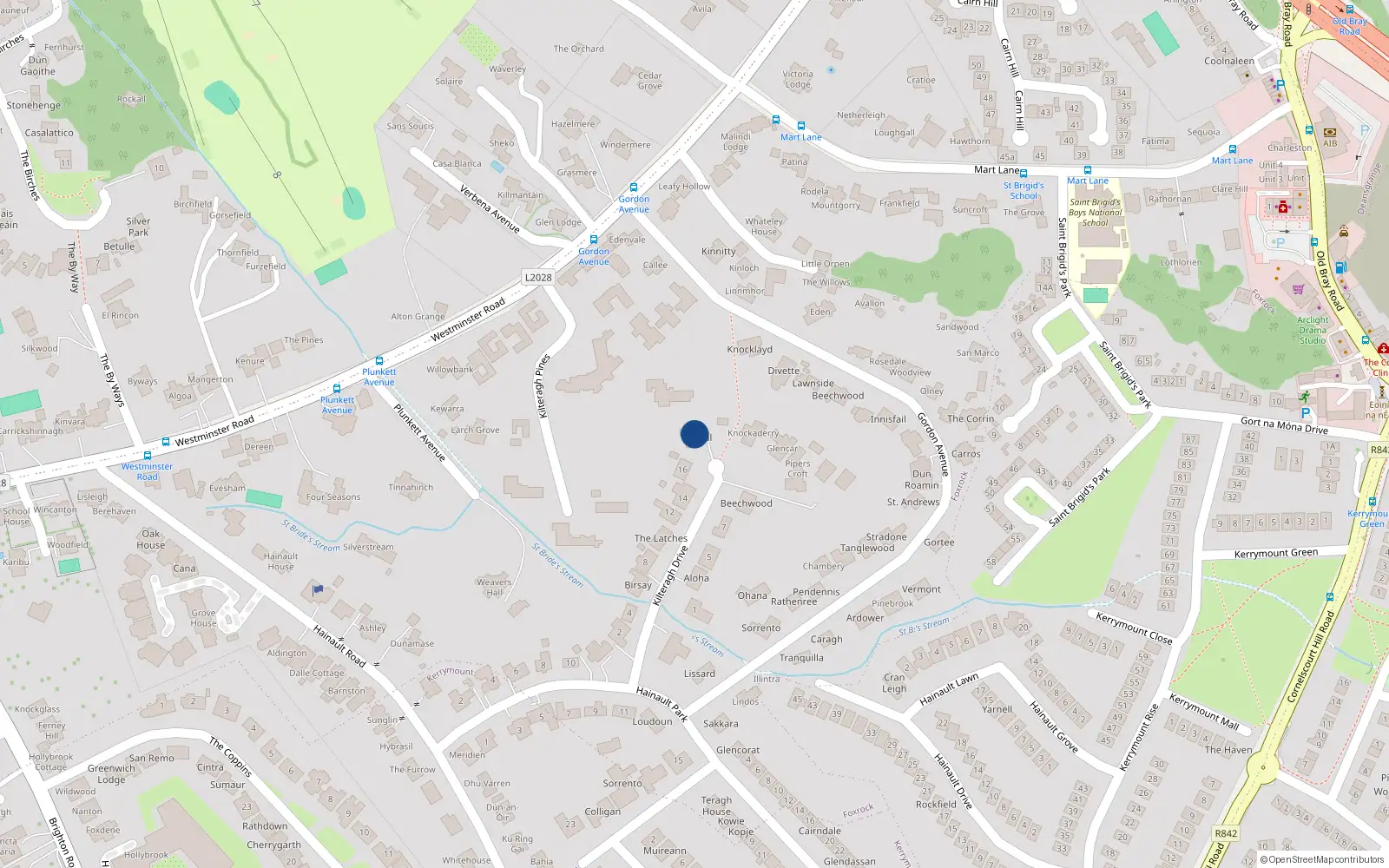 Overhead map showing the location of 18 Kilteragh Drive, Dublin 18