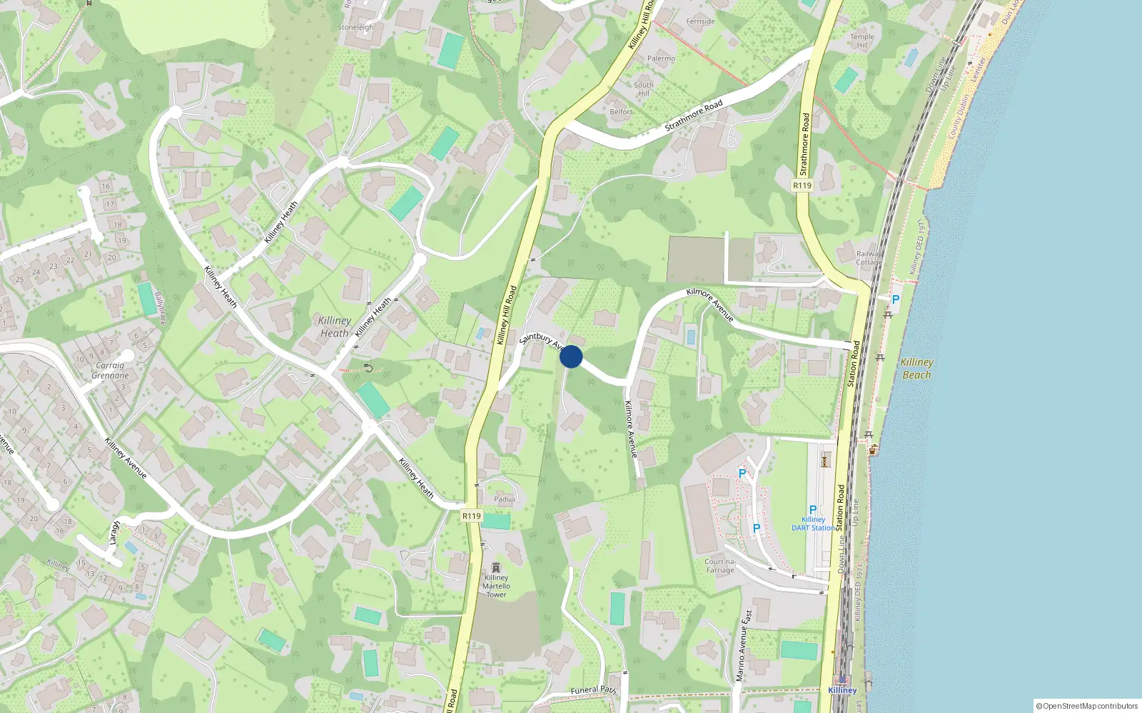 Overhead map showing the location of Saintbury Avenue, Killiney