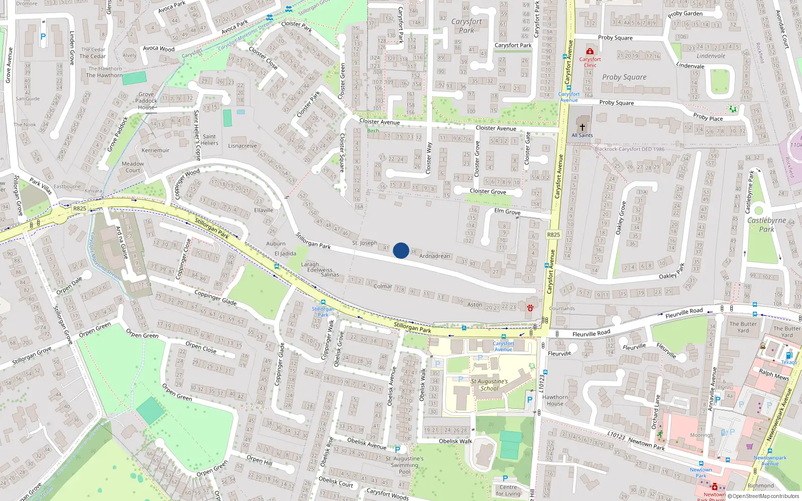 Overhead map showing the location of 39 Stillorgan Park, Blackrock