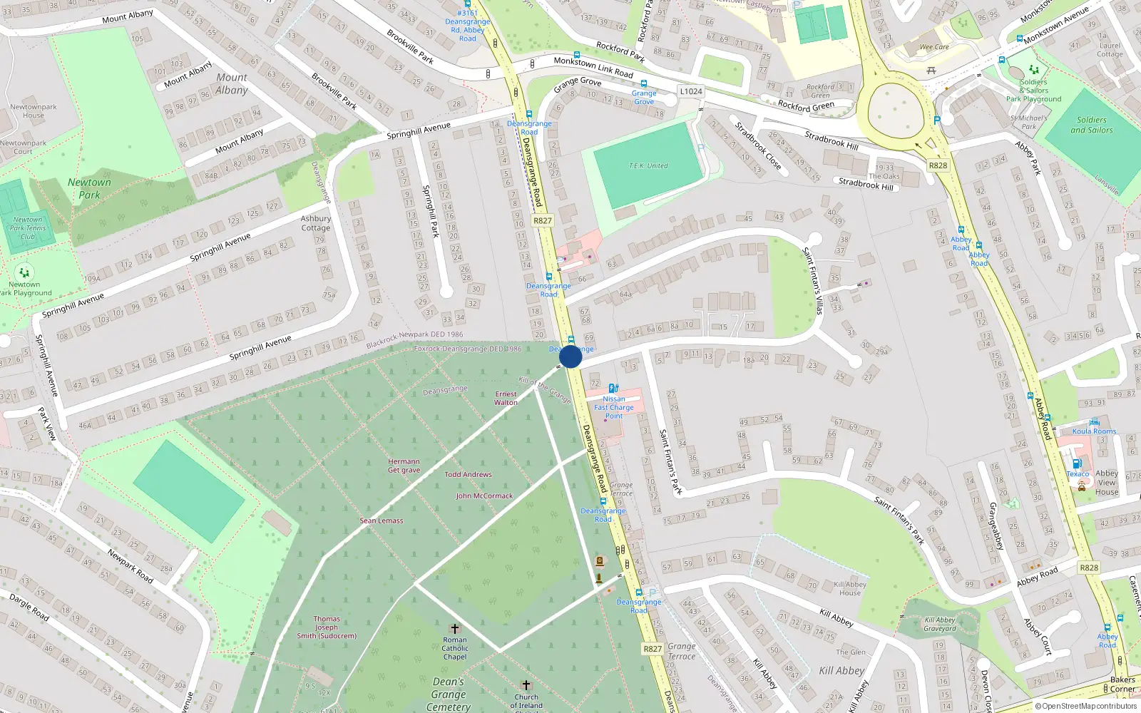 Overhead map showing the location of Deansgrange Road, Blackrock