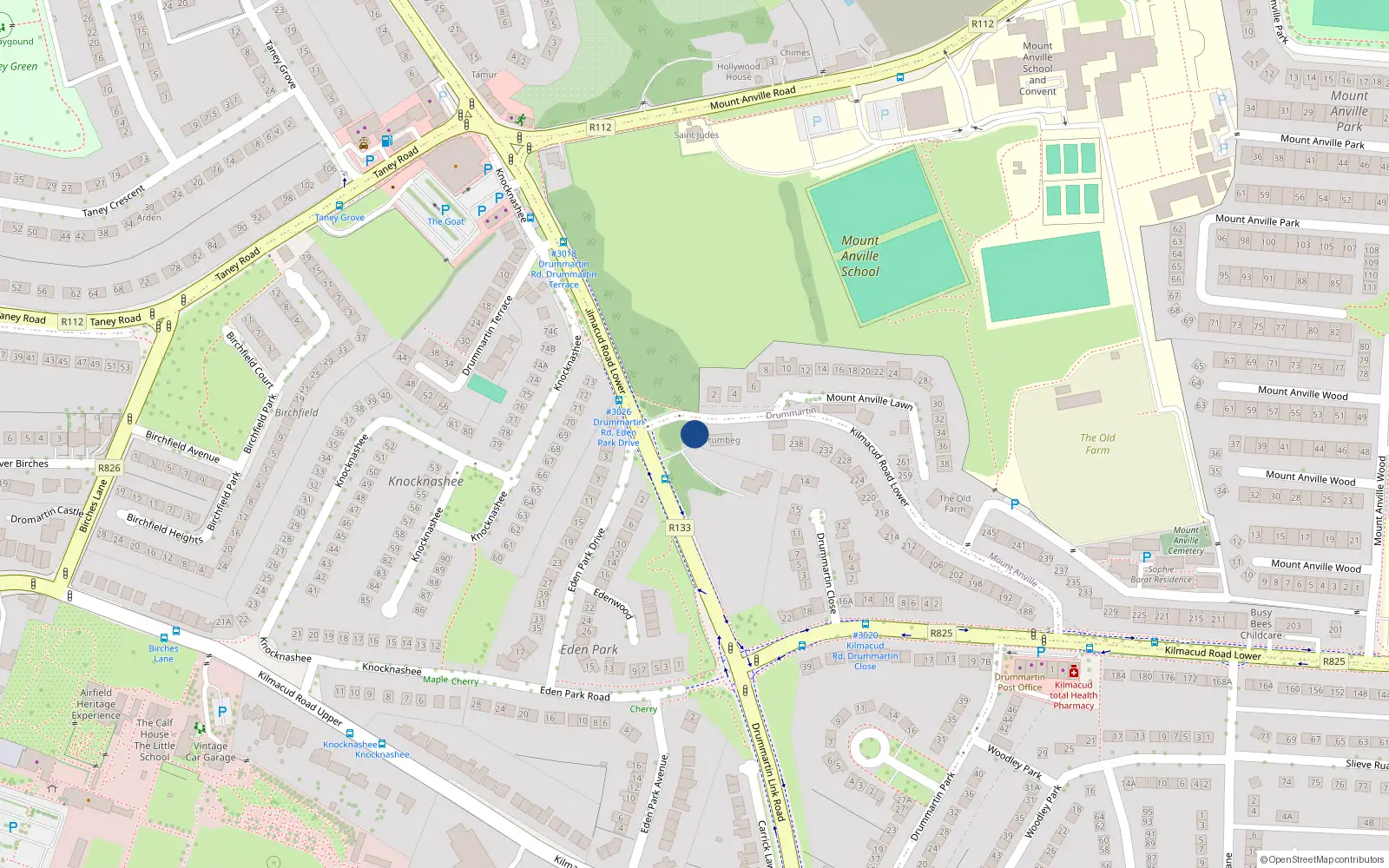 Overhead map showing the location of Lower Kilmacud Road, Goatstown