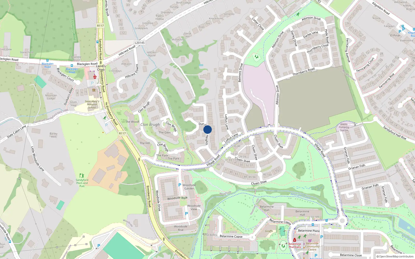 Overhead map showing the location of Dun Gaoithe Heights, Sandyford