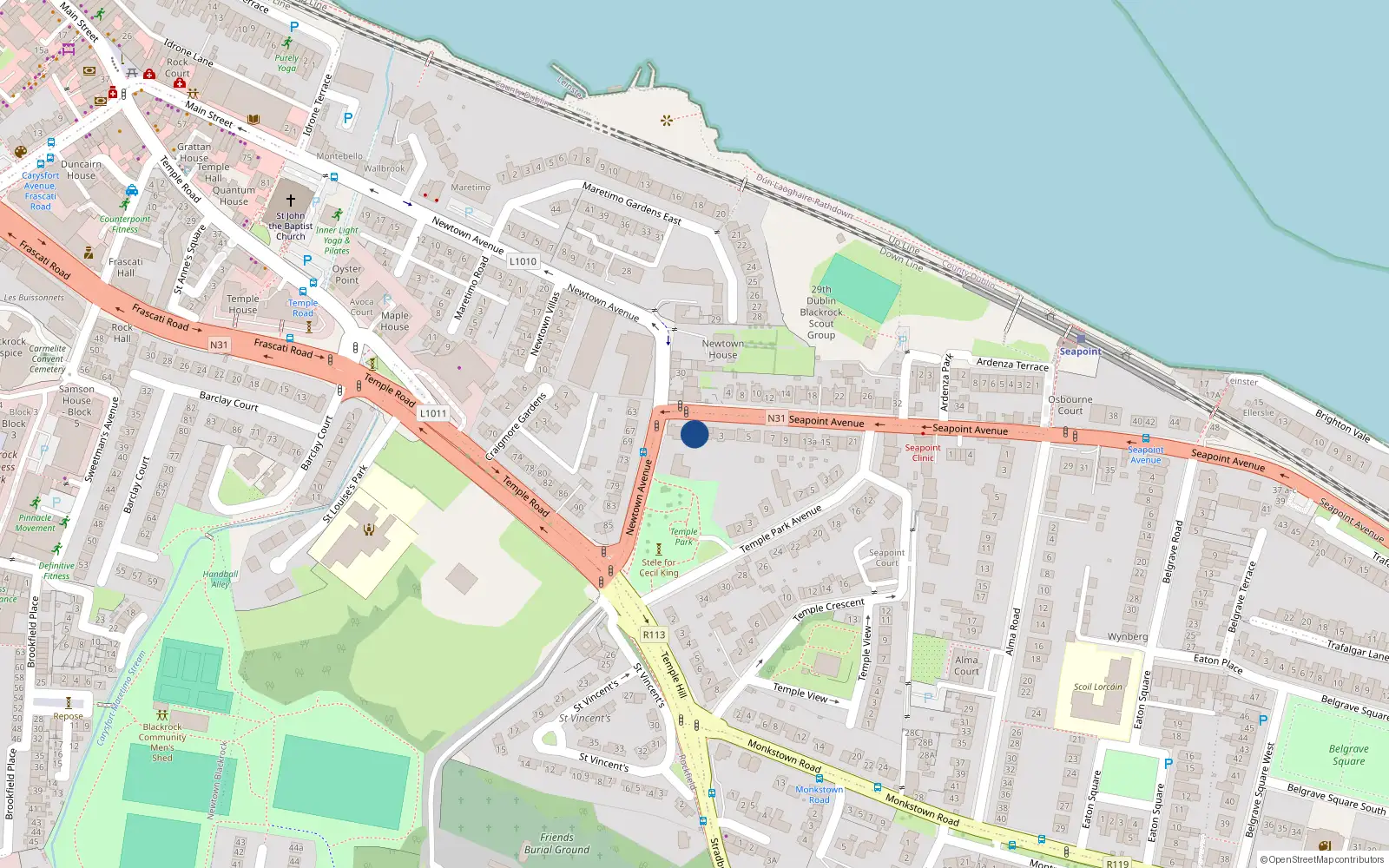 Overhead map showing the location of 1 Seapoint Avenue, Blackrock