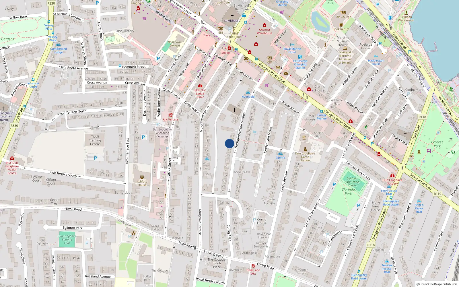 Overhead map showing the location of 16 Northumberland Avenue, Dun Laoghaire