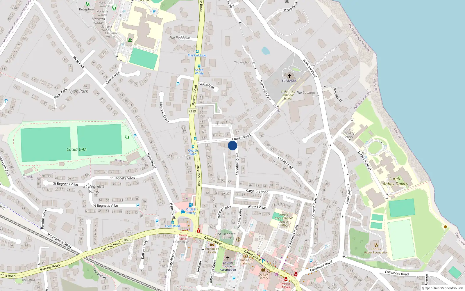 Overhead map showing the location of Dundrine, 4 Church Road, Dalkey