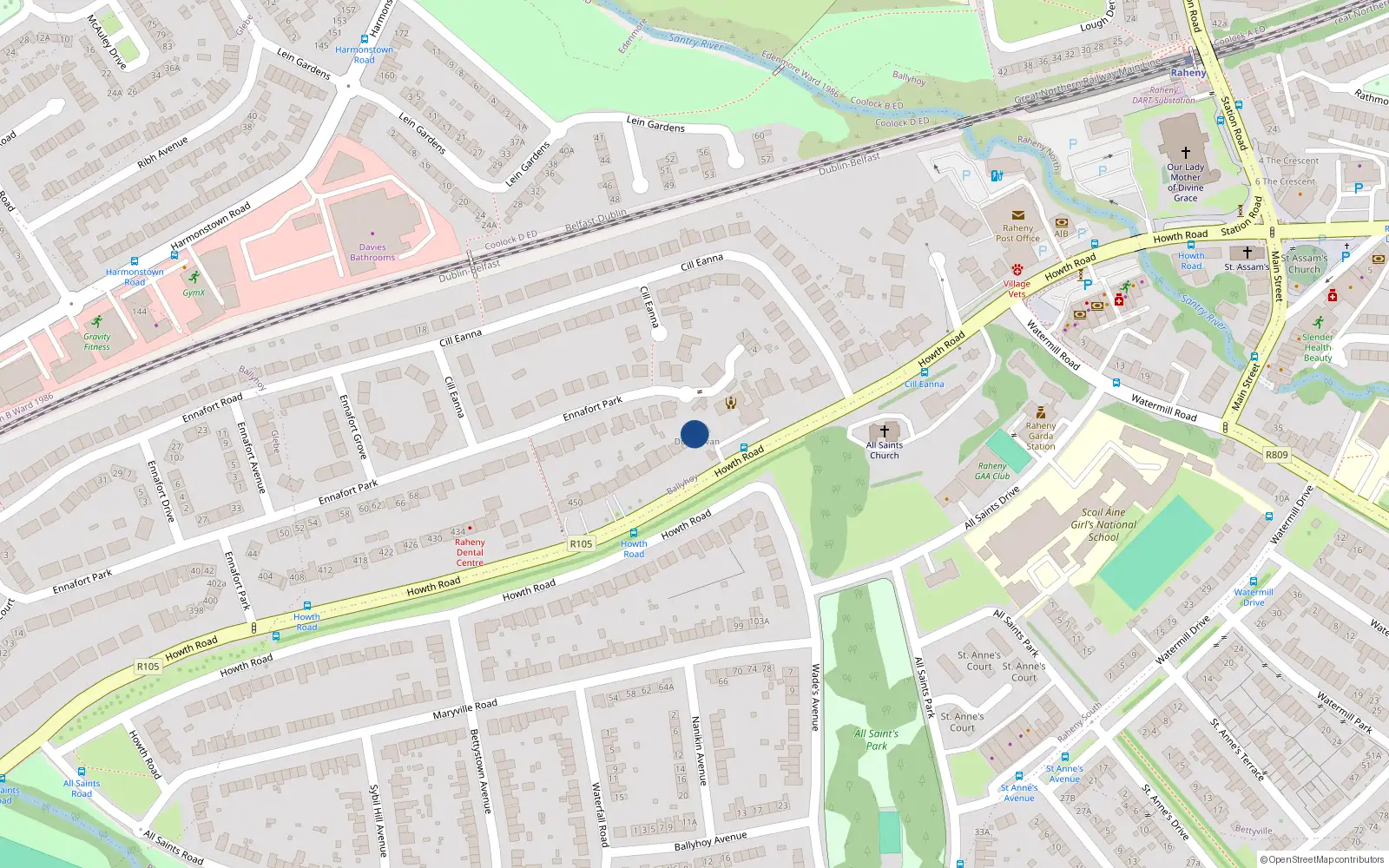 Overhead map showing the location of Dungarvan, 472 Howth Road, Raheny