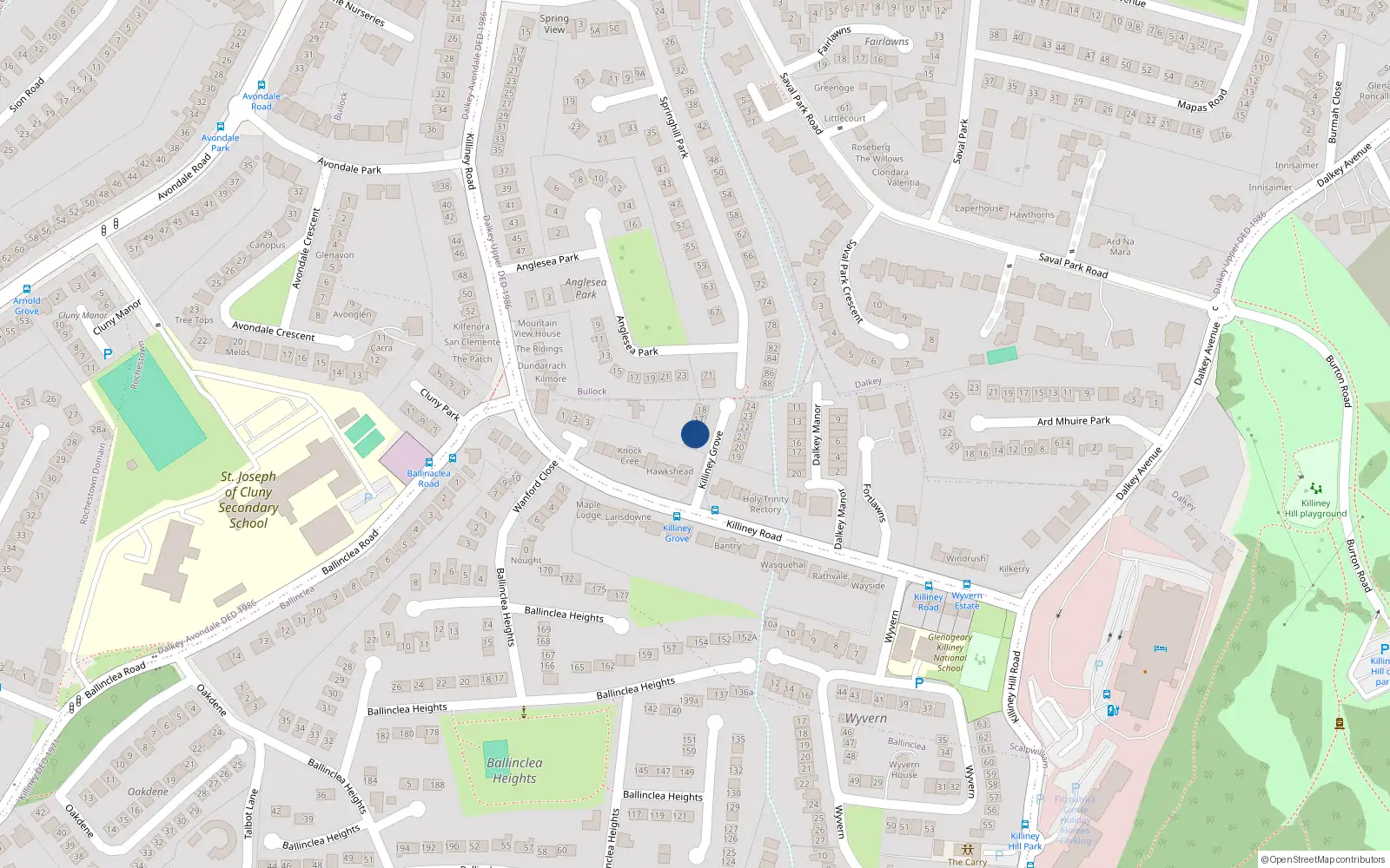 Overhead map showing the location of 15 Killiney Grove, Killiney