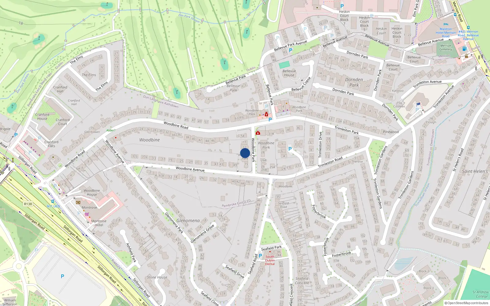 Overhead map showing the location of 13 Woodbine Park, Blackrock