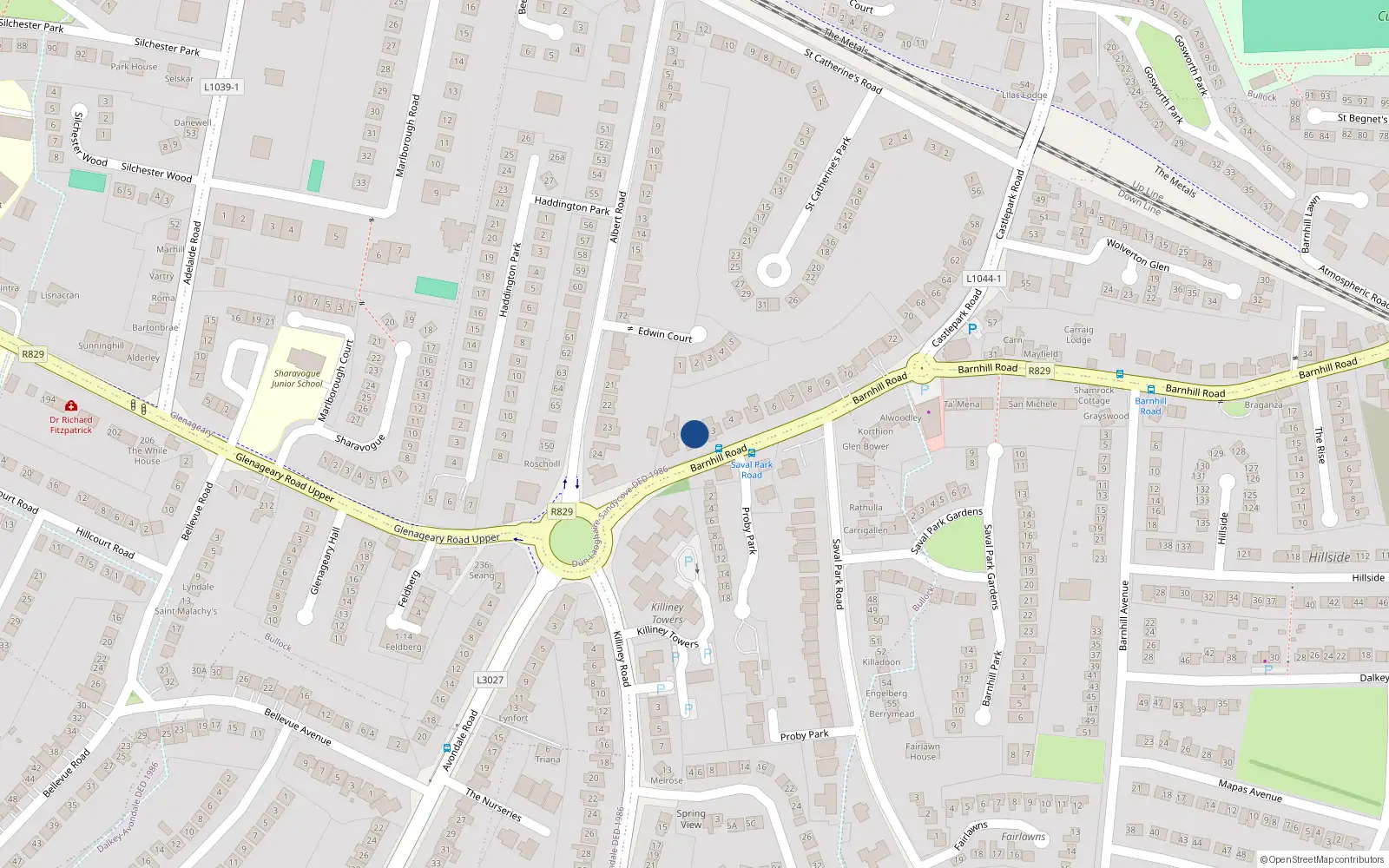 Overhead map showing the location of 2 Barnhill Road, Dalkey