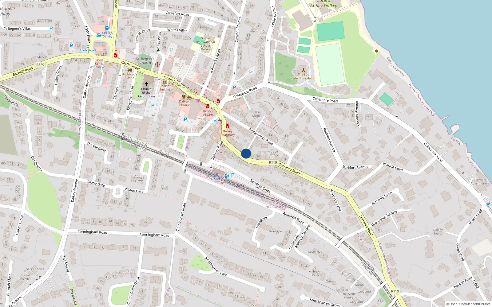 Overhead map showing the location of Dwelling at Dalkey Garda Station, 6 Sorrento Road, Dalkey