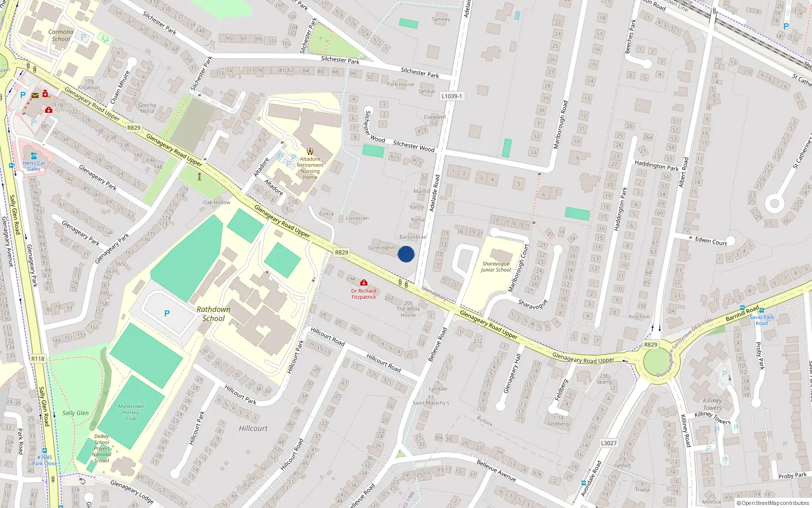 Overhead map showing the location of Adelaide Road, Glenageary