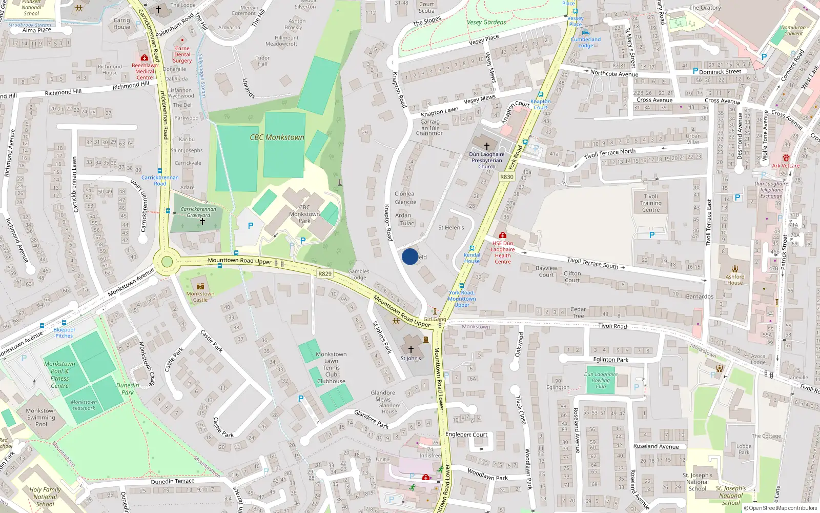 Overhead map showing the location of Knapton Road, Dun Laoghaire