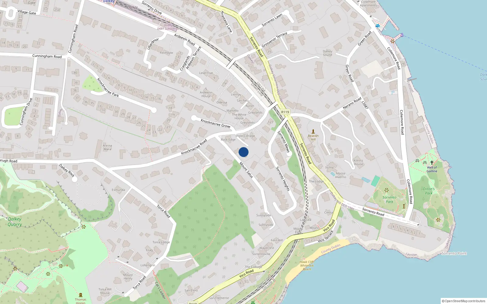 Overhead map showing the location of Mount Salus Road, Dalkey