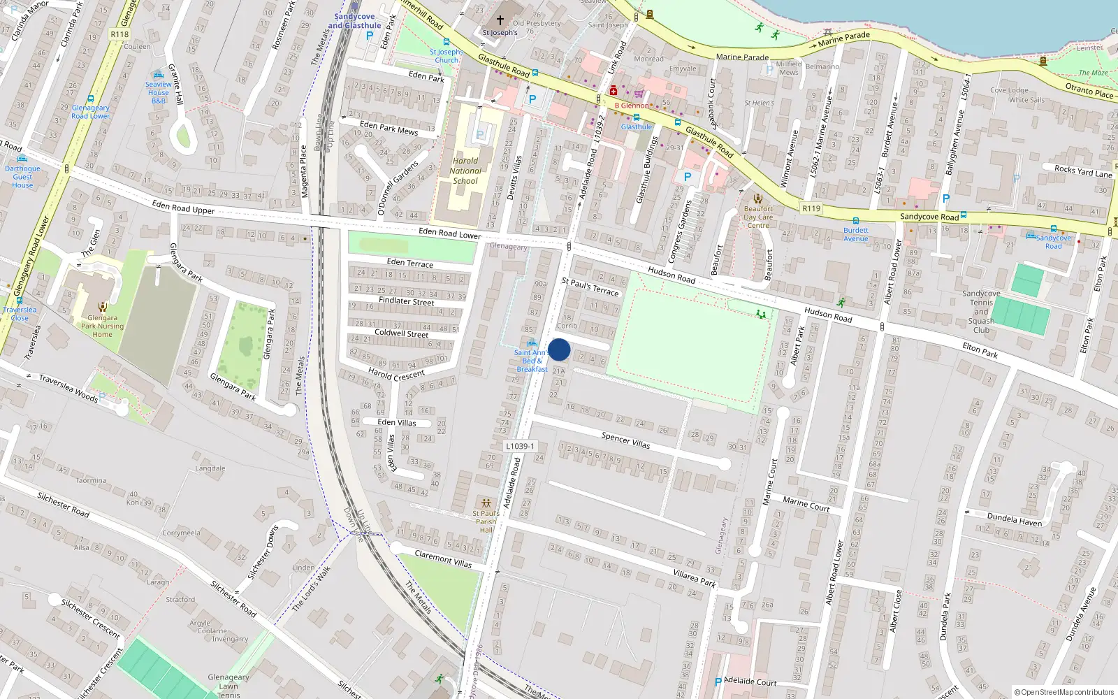 Overhead map showing the location of Adelaide Road, Glenageary