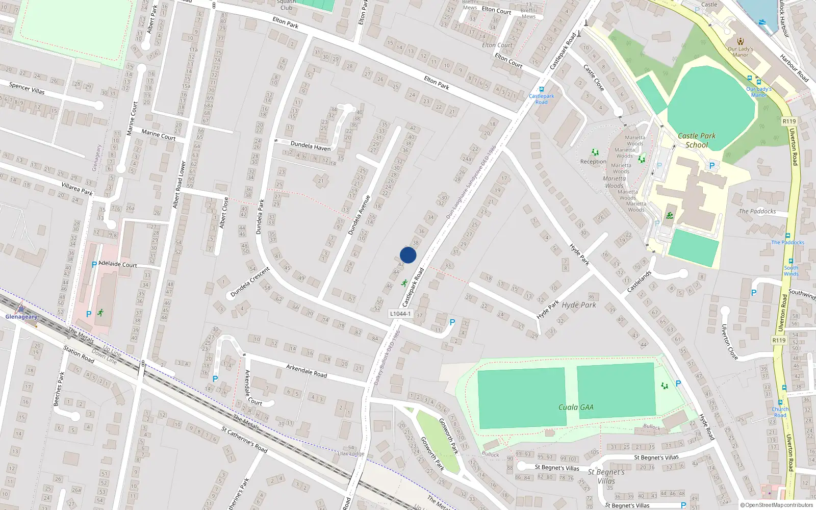 Overhead map showing the location of Eden, 40 Castlepark Road, Dalkey