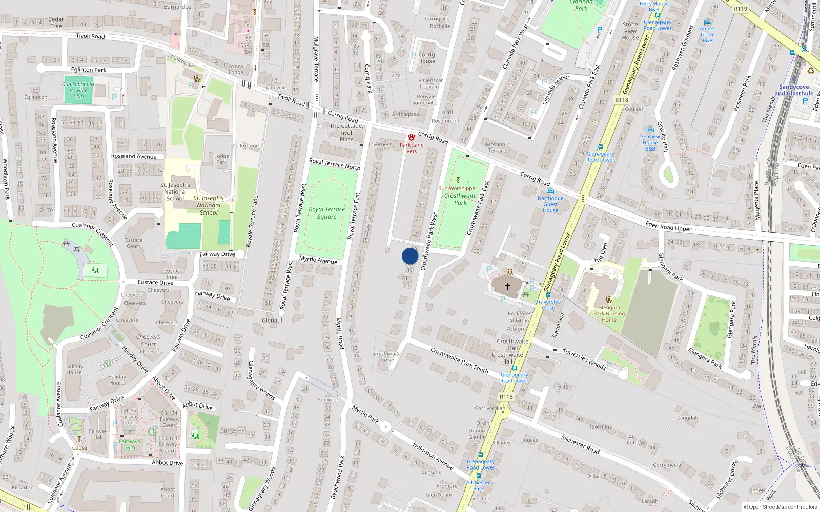 Overhead map showing the location of 35 Crosthwaite Terrace, Dun Laoghaire
