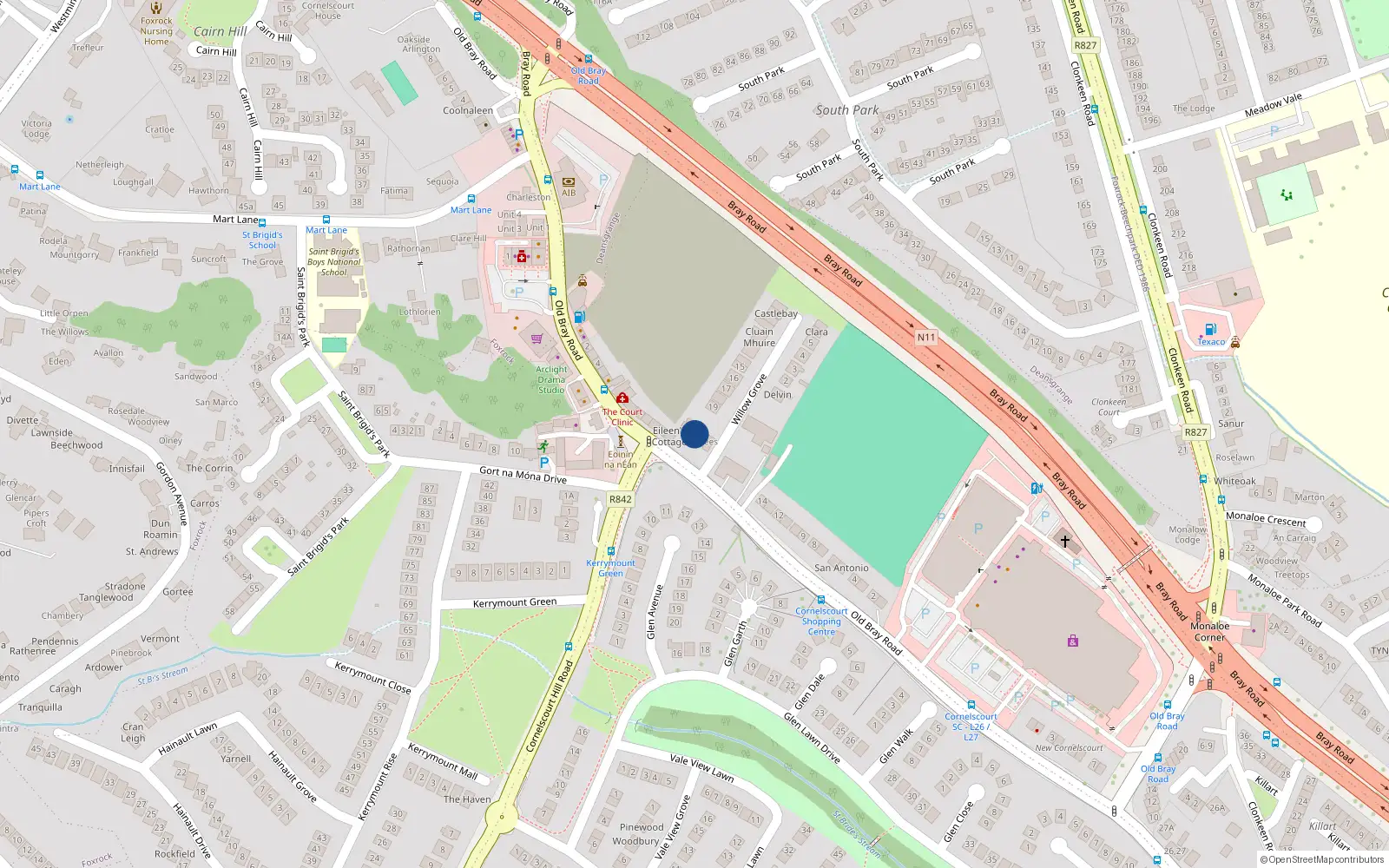 Overhead map showing the location of Bray Road, Dublin 18