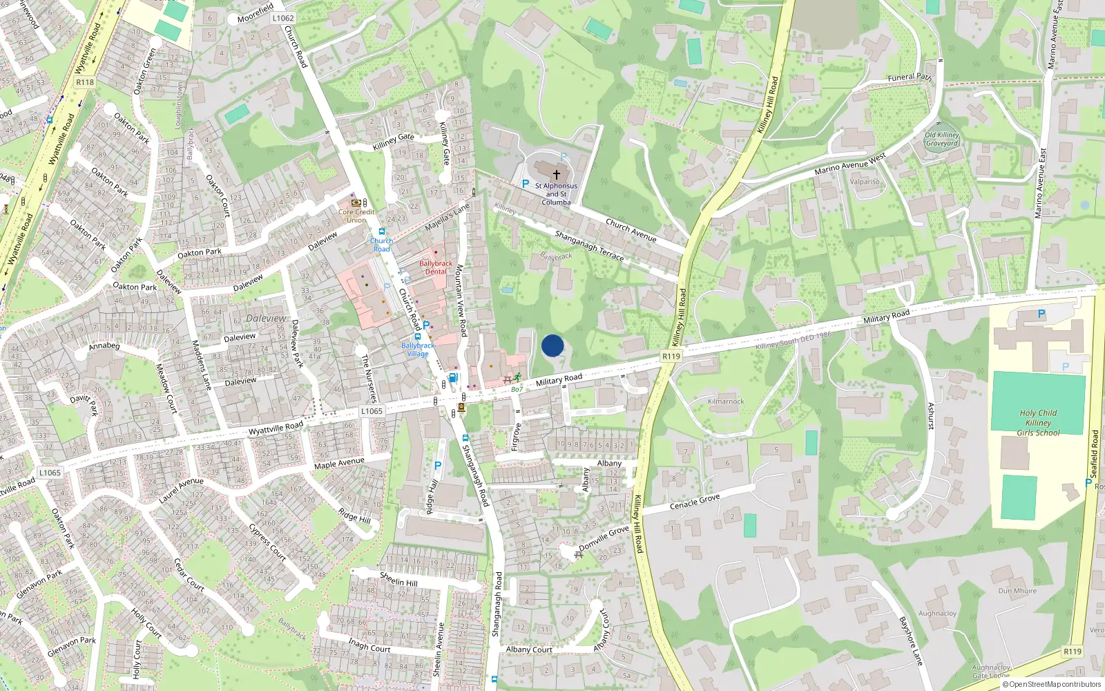 Overhead map showing the location of Military Road, Killiney