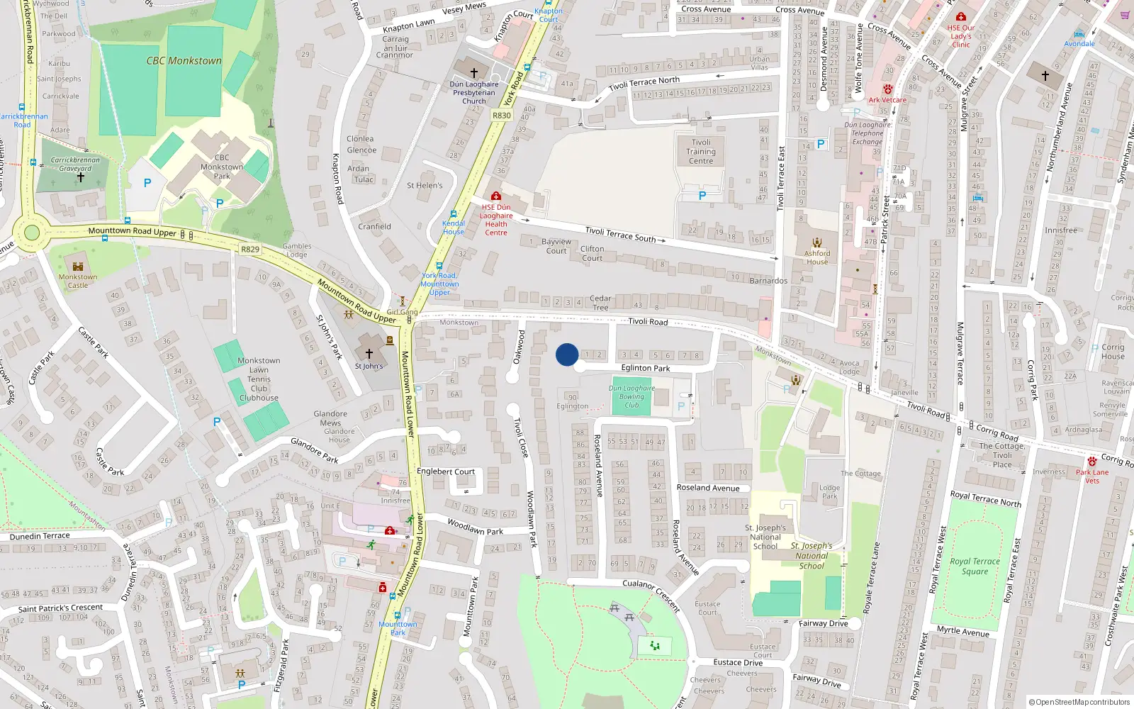 Overhead map showing the location of Eglington House, Eglington Park, Dun Laoghaire