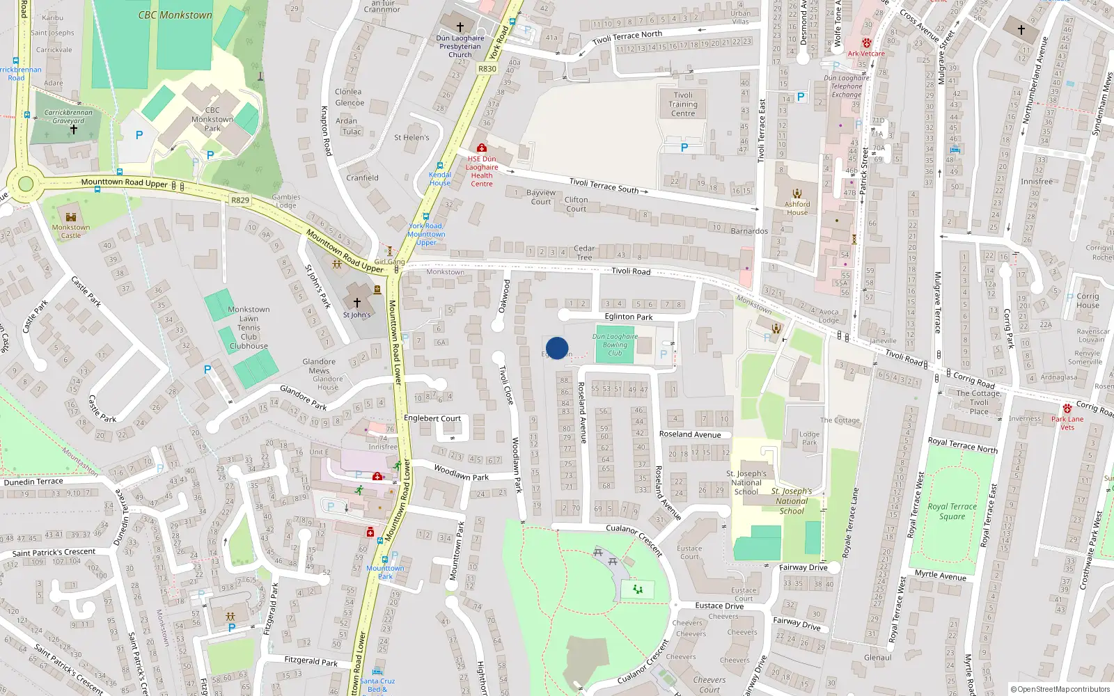 Overhead map showing the location of Eglinton, 90 Roseland Avenue, Cualanor