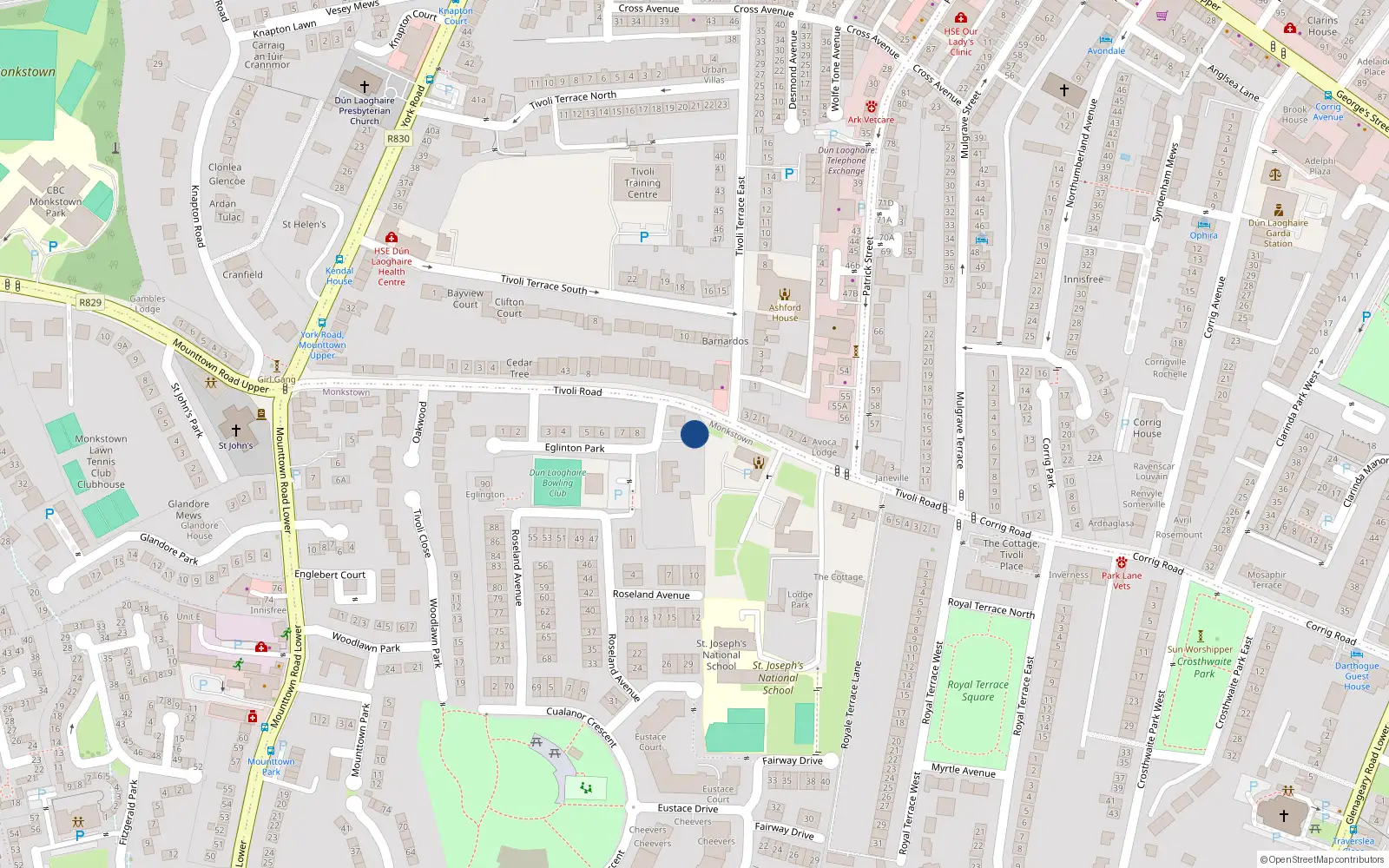 Overhead map showing the location of Monkstown, Dublin, Co. Dublin
