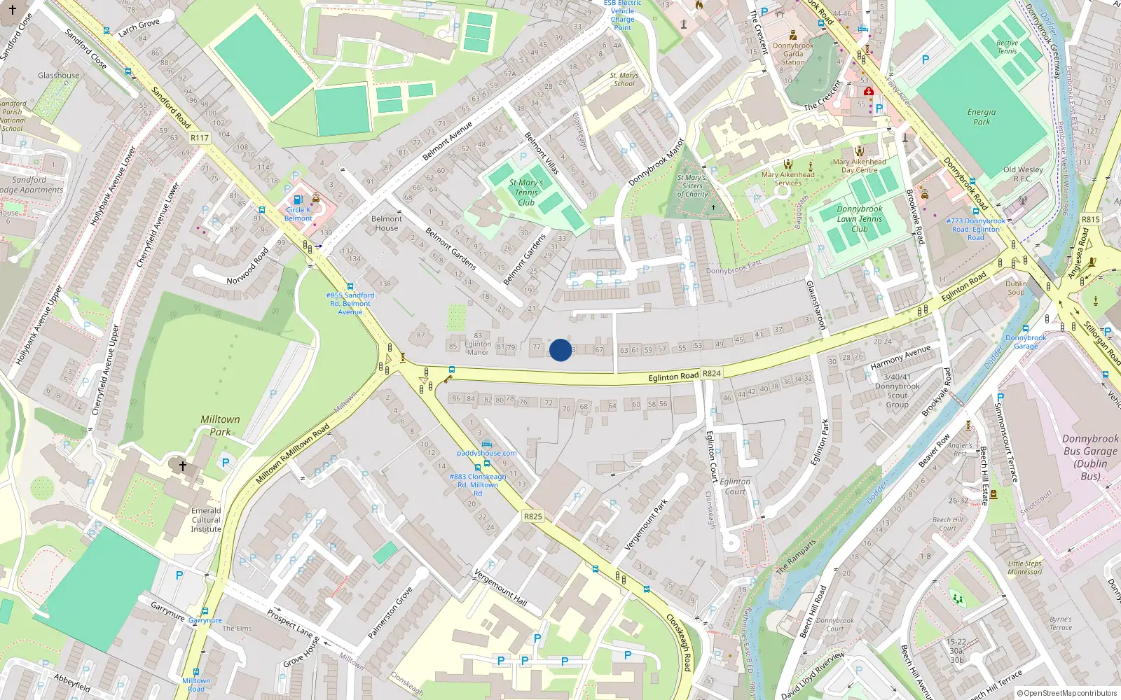 Overhead map showing the location of 75 Eglinton Road, Donnybrook
