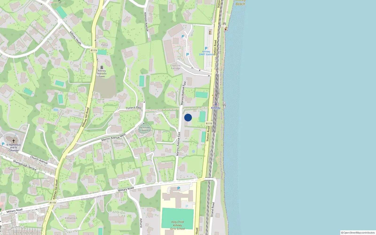 Overhead map showing the location of Marino Avenue East, Killiney