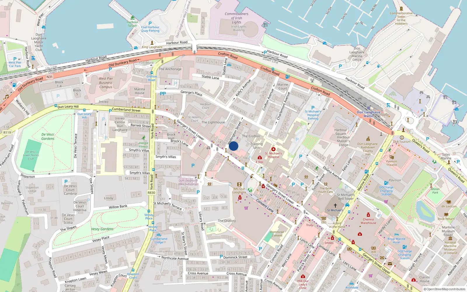 Overhead map showing the location of 2 Wellington Street, Dun Laoghaire