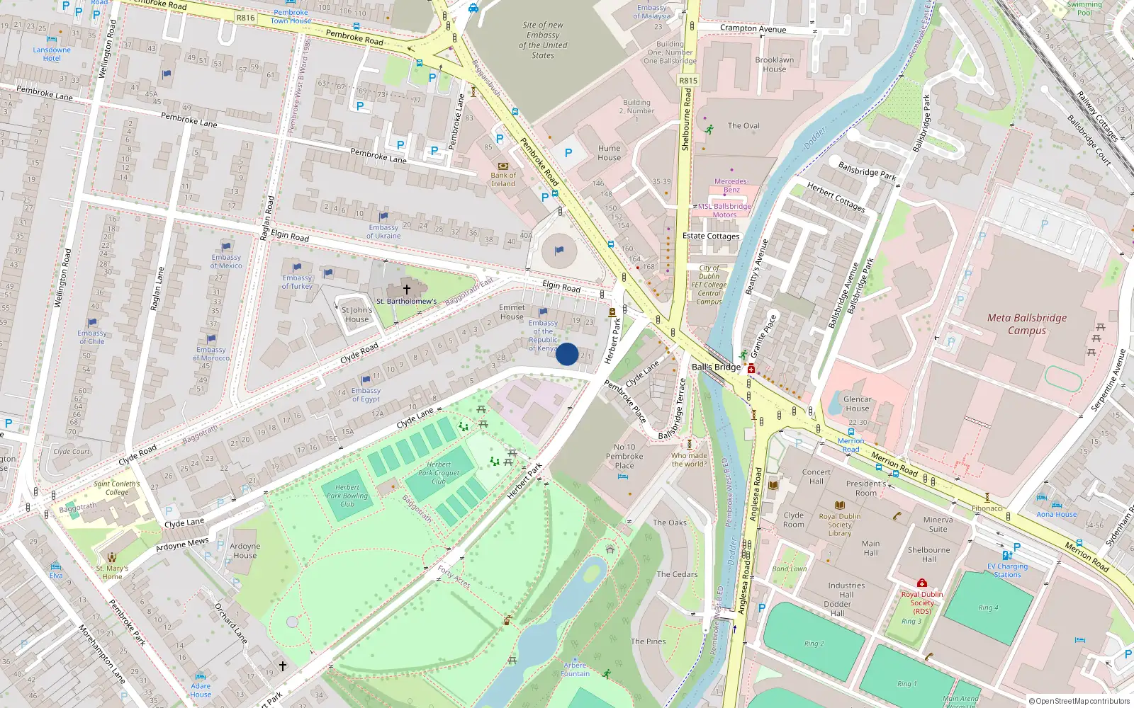 Overhead map showing the location of 4 Clyde Lane, Ballsbridge Dublin 4