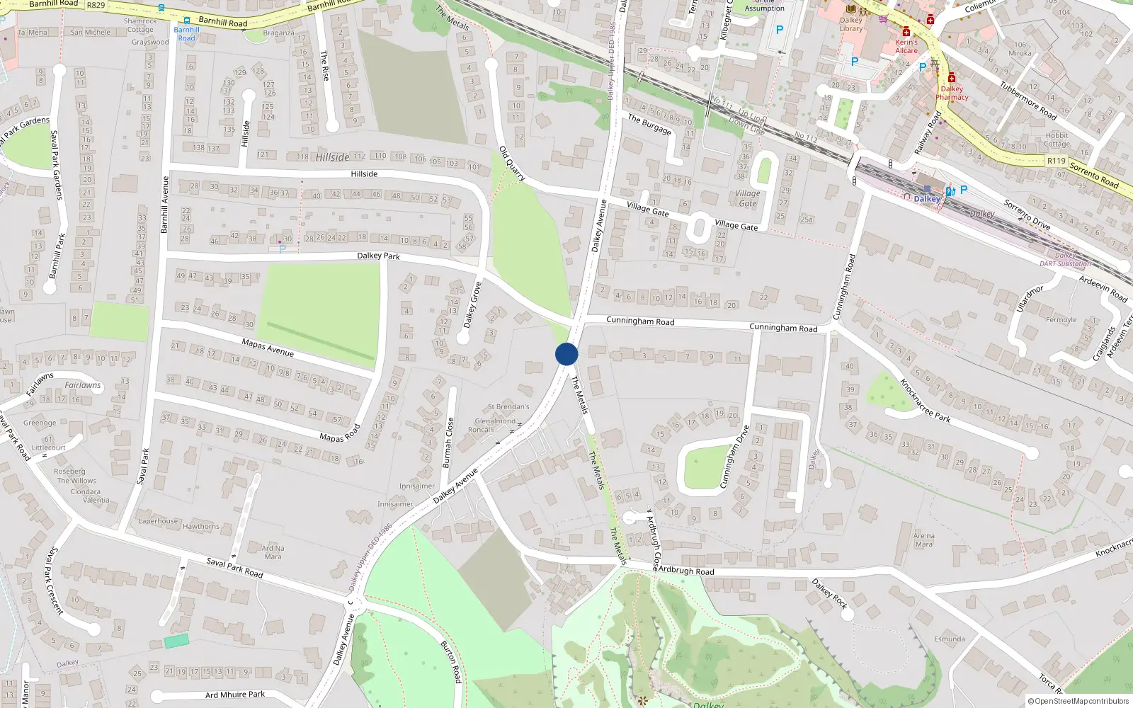 Overhead map showing the location of Dalkey Avenue, Dalkey