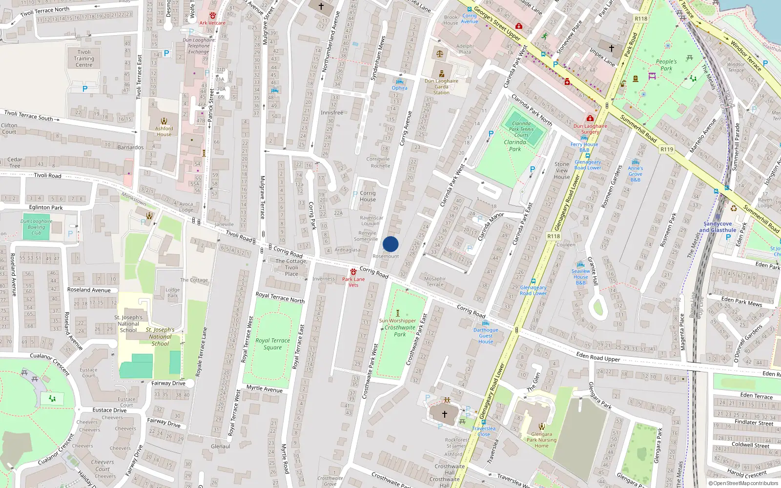 Overhead map showing the location of Corrig Avenue, Dun Laoghaire