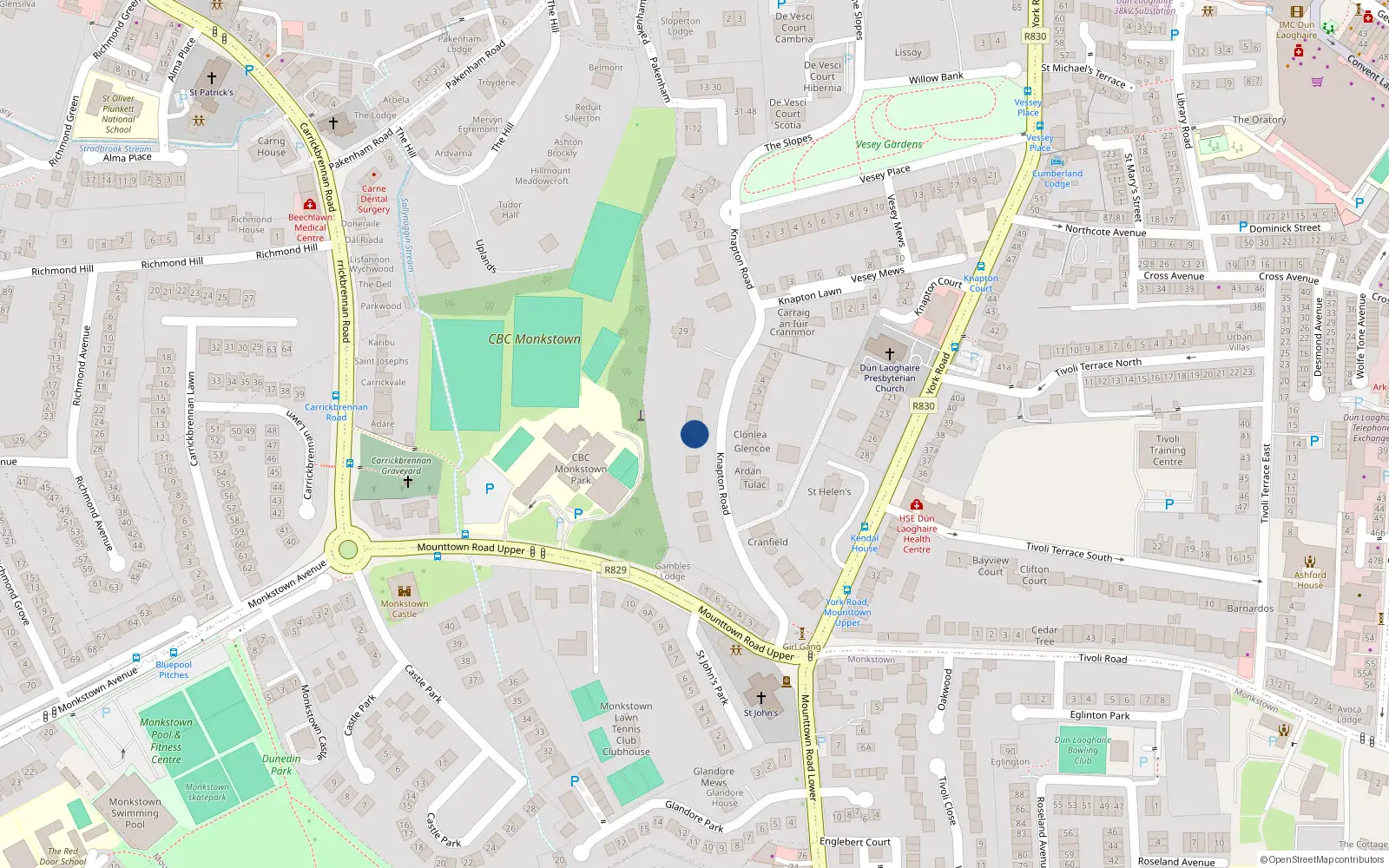 Overhead map showing the location of 25 Knapton Road, Dun Laoghaire