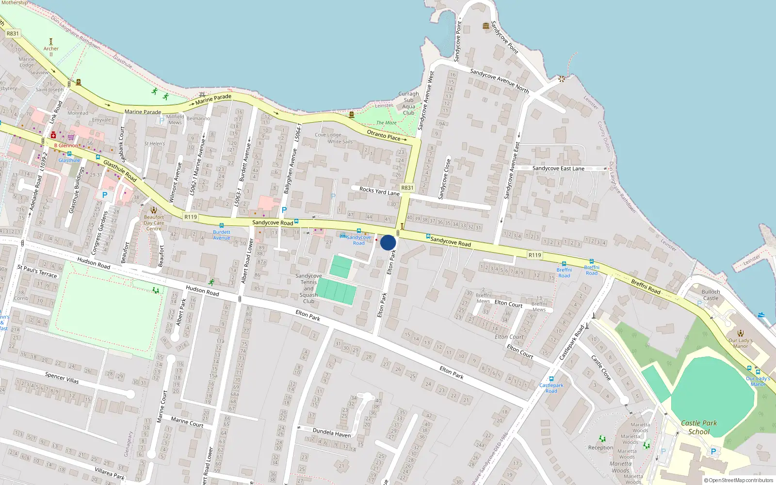 Overhead map showing the location of Elton Park, Sandycove