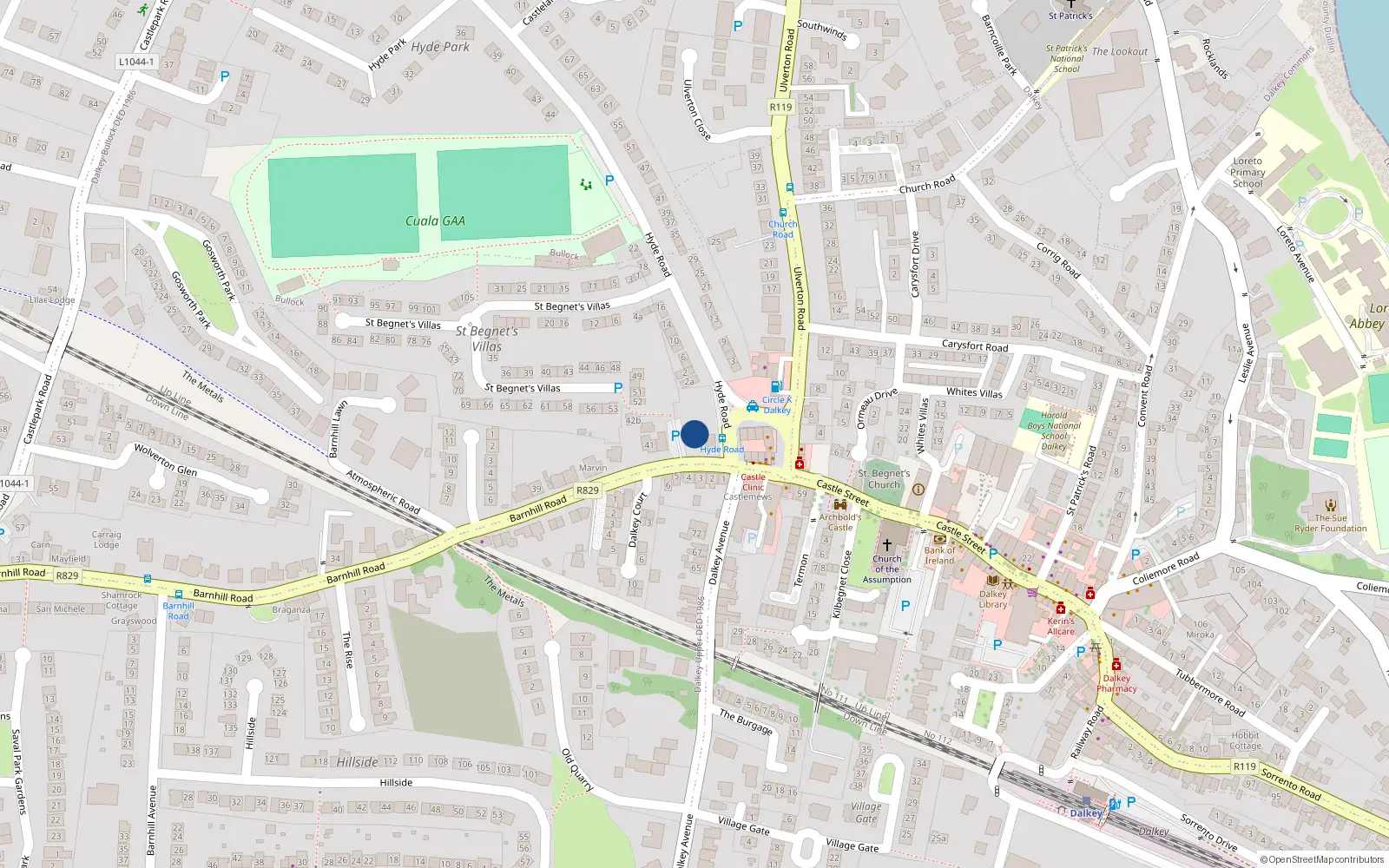 Overhead map showing the location of 43 Barnhill Road, Dalkey