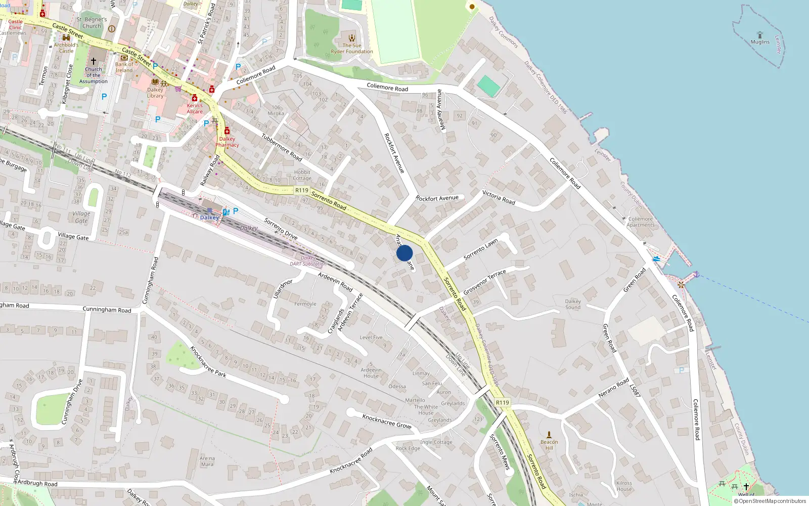 Overhead map showing the location of Anastasia Lane, Dalkey