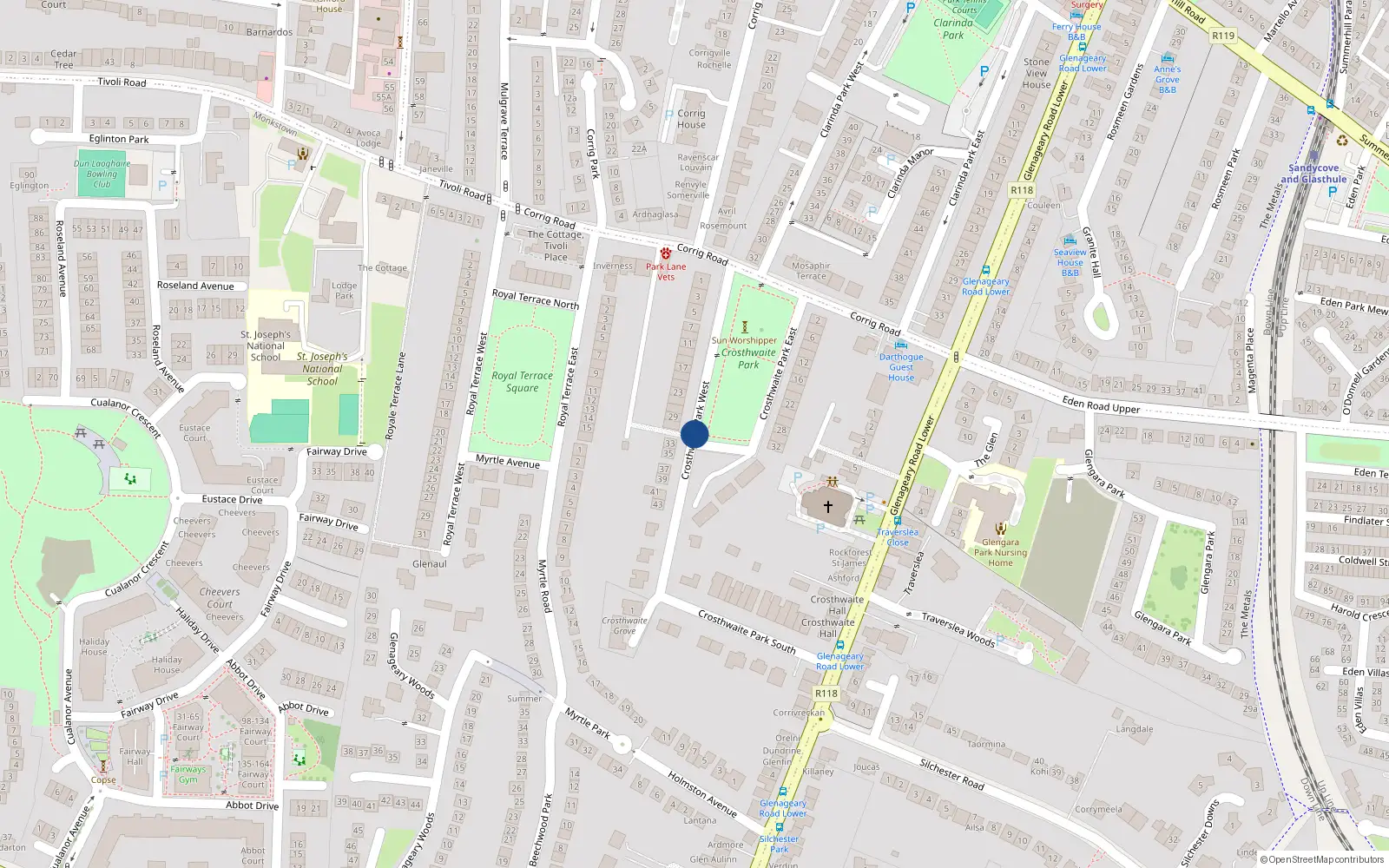 Overhead map showing the location of Crosthwaite Park West, Dunlaoghaire