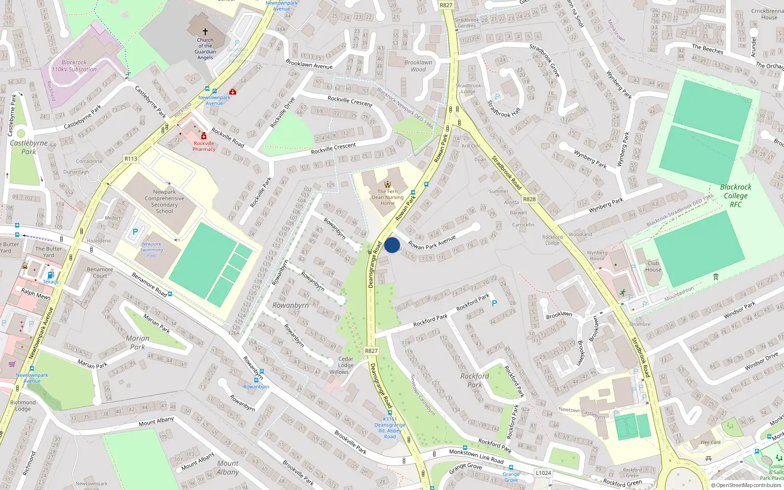 Overhead map showing the location of Errigal, 1 Rowan Park Avenue, Blackrock