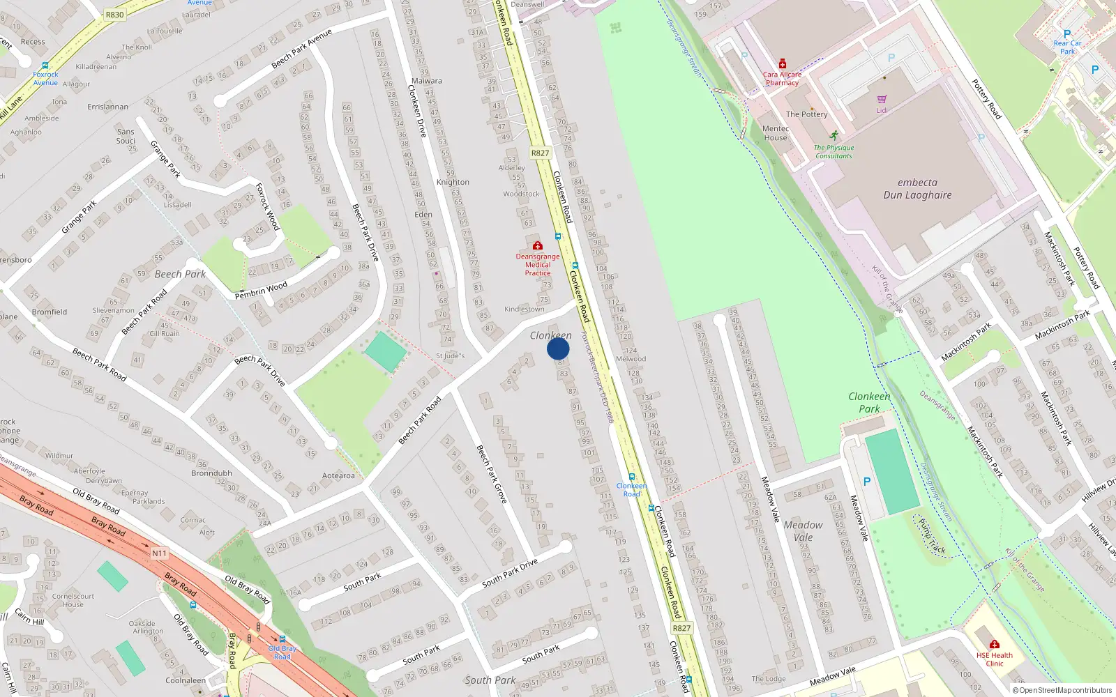 Overhead map showing the location of Eventide, 79 Clonkeen Road, Blackrock