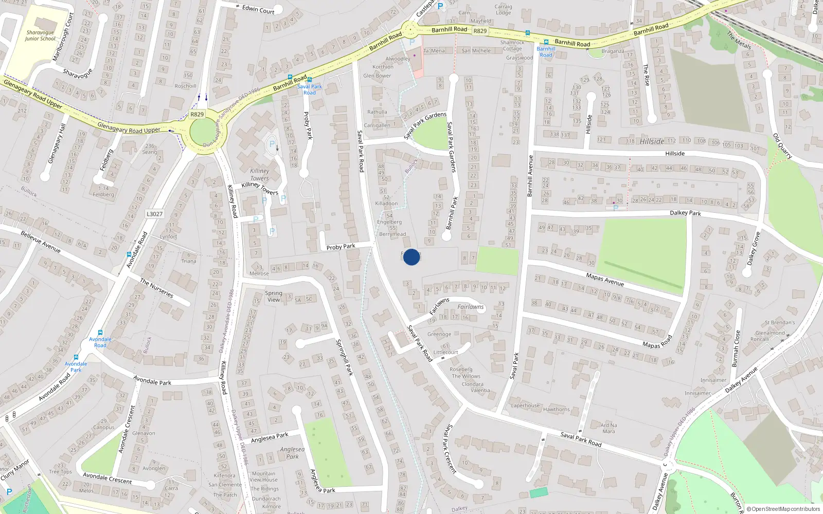 Overhead map showing the location of Saval Park Road, Dalkey
