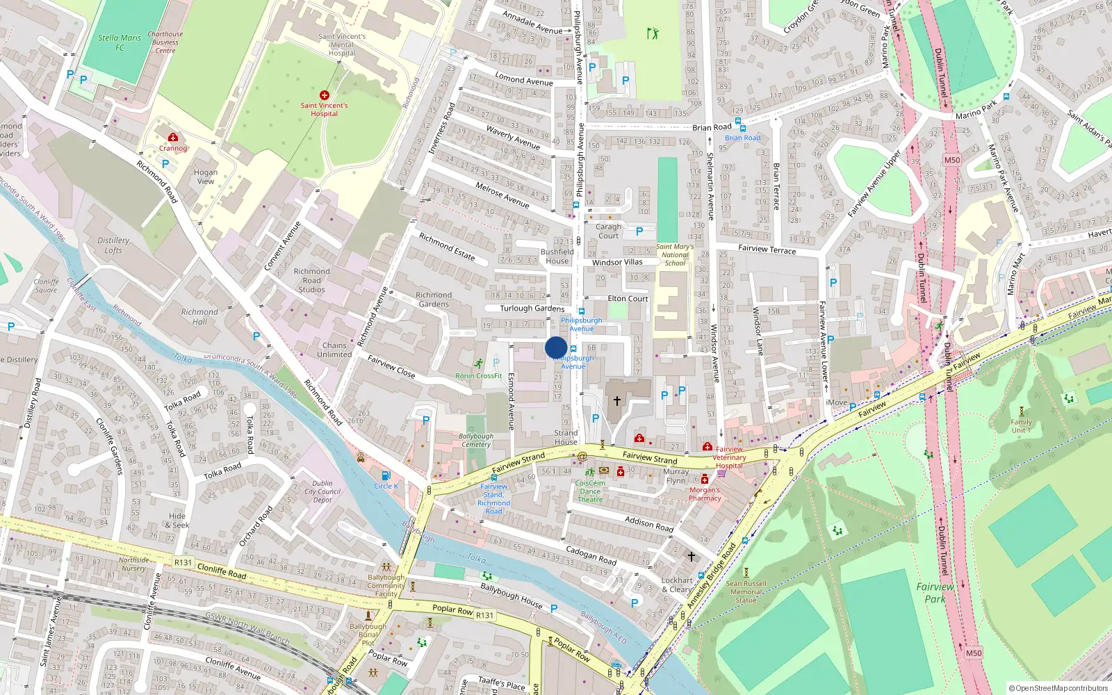 Overhead map showing the location of Fairview Lodge, 27 Philipsburgh Avenue, Fairview Dublin 3