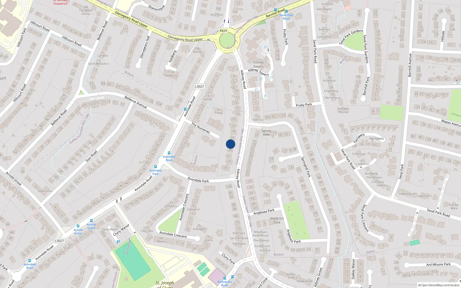 Overhead map showing the location of Fairy Hill, 28 Killiney Road, Killiney
