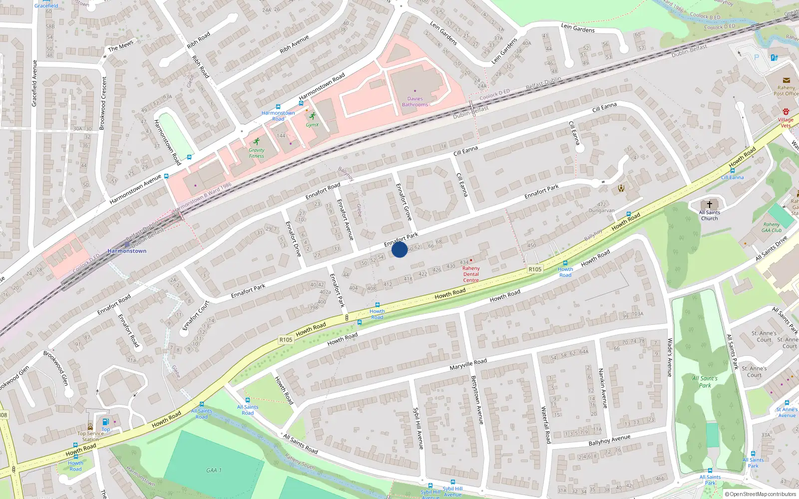 Overhead map showing the location of 58 Ennafort Park, Raheny Dublin 5