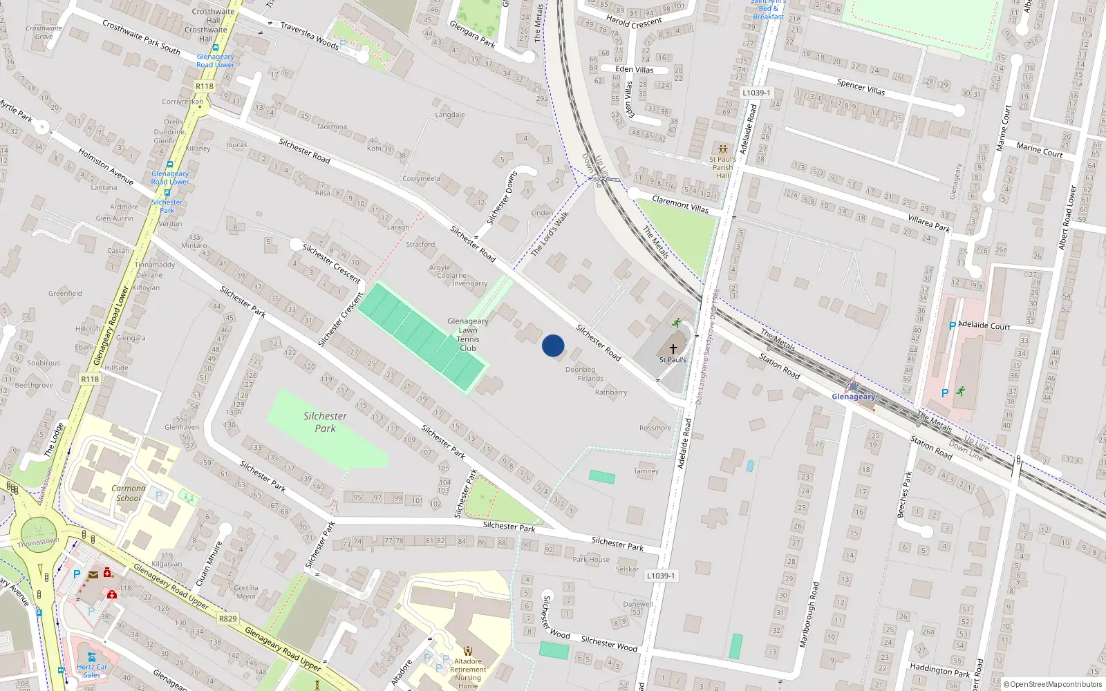 Overhead map showing the location of Silchester Road, Glenageary