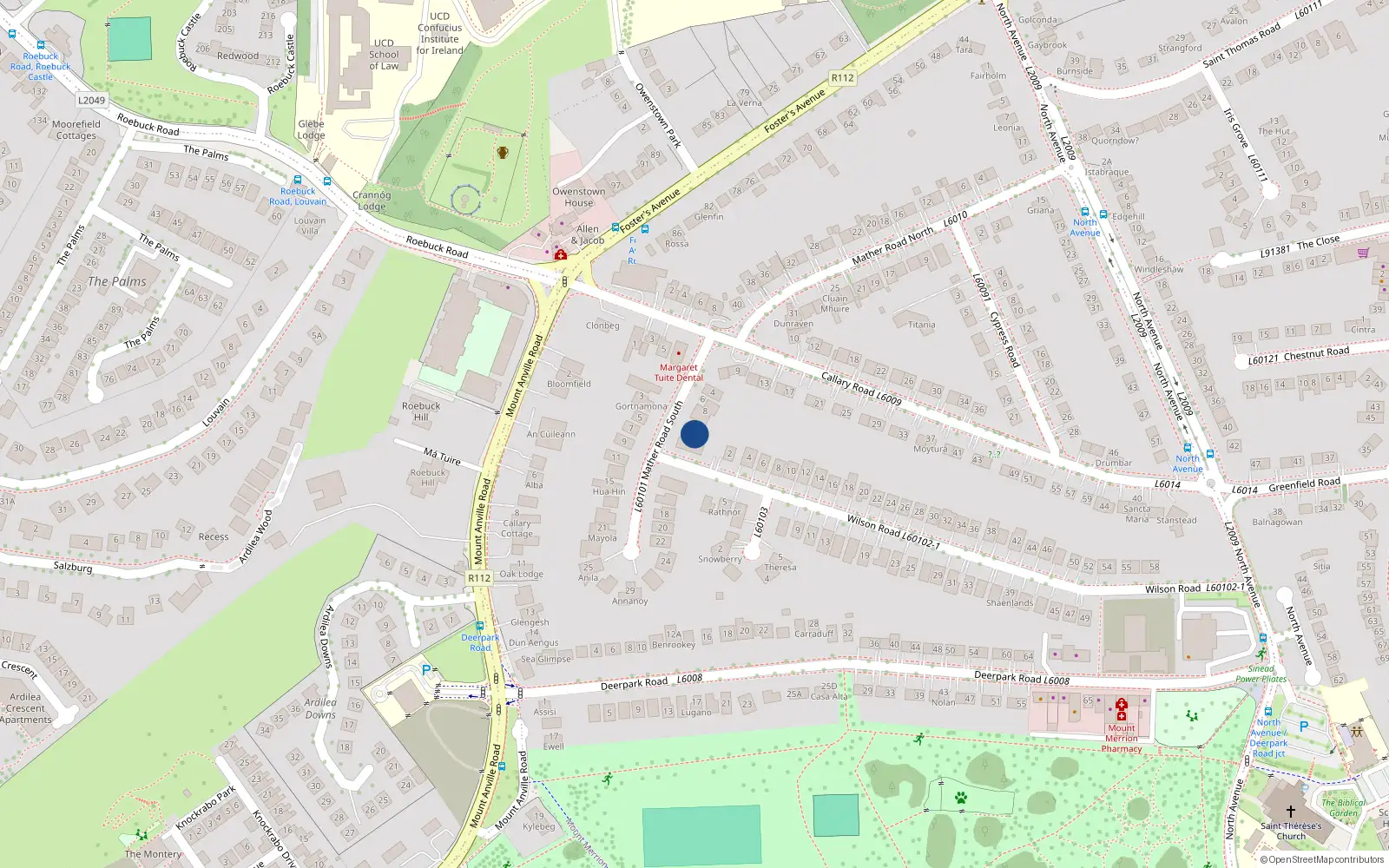 Overhead map showing the location of 6 Mather Road South, Mount Merrion